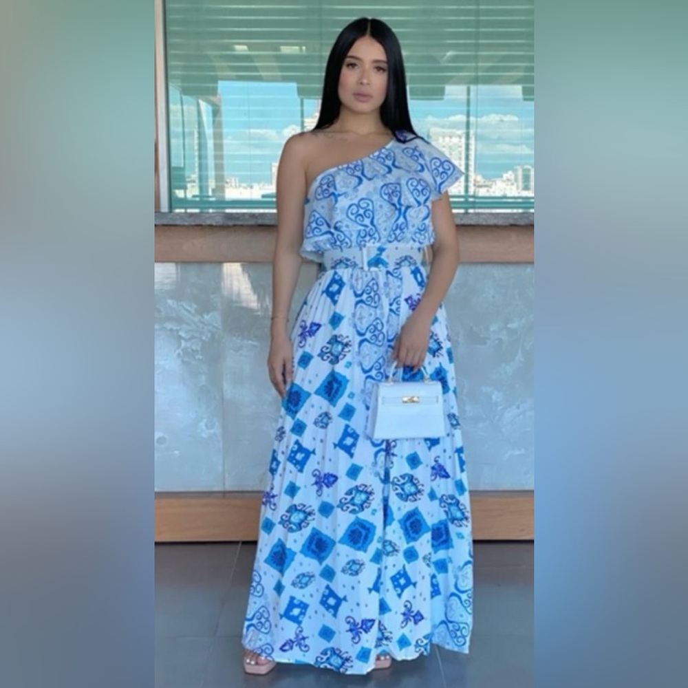 Elegant Blue and White One-Shoulder Dress